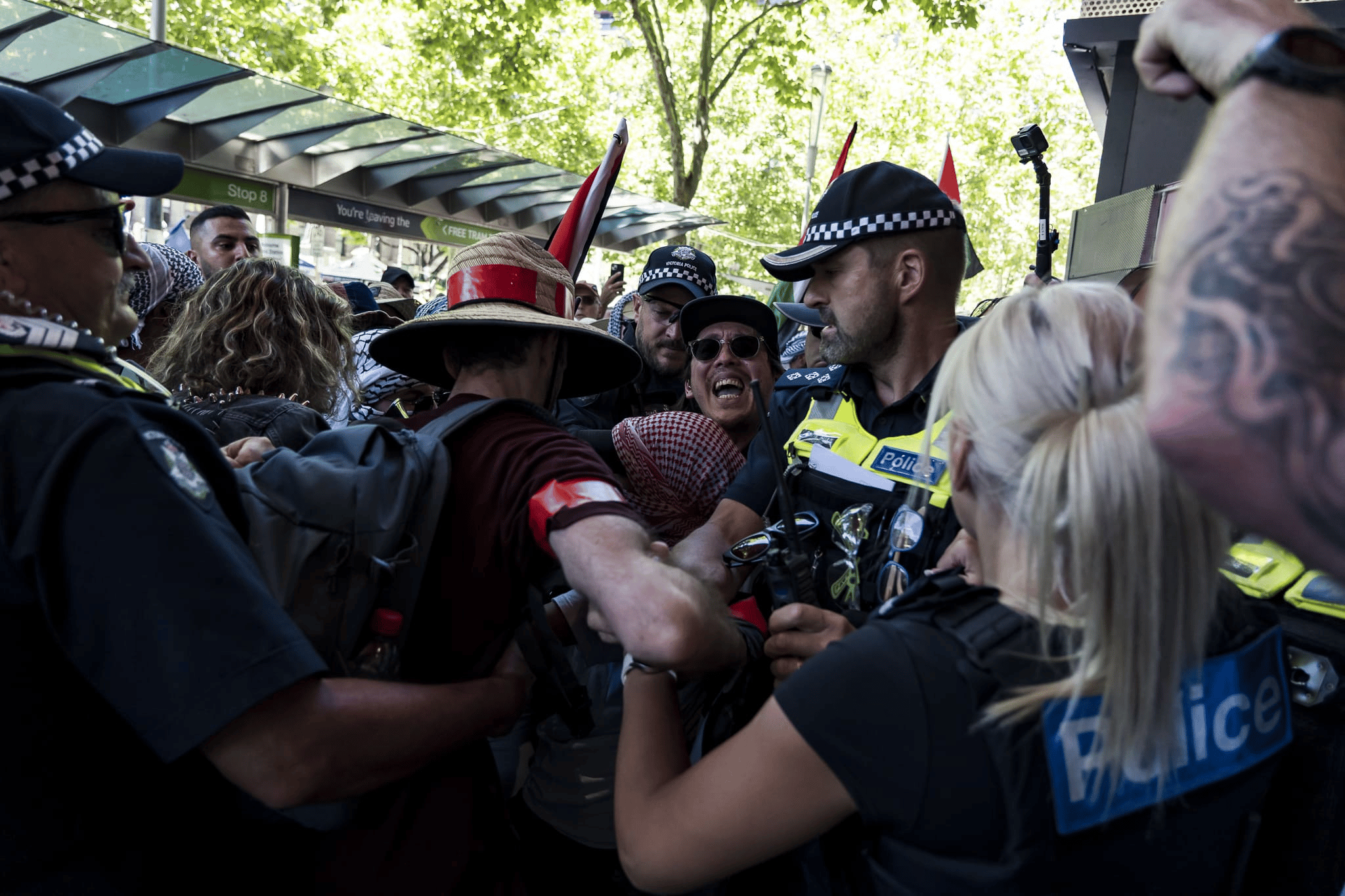 Freelance journalist Kenji Wardenclyffe being arrested by Victoria Police while covering the February 4 Palestine rally in Melbourne. Photo: Matt Hrkac