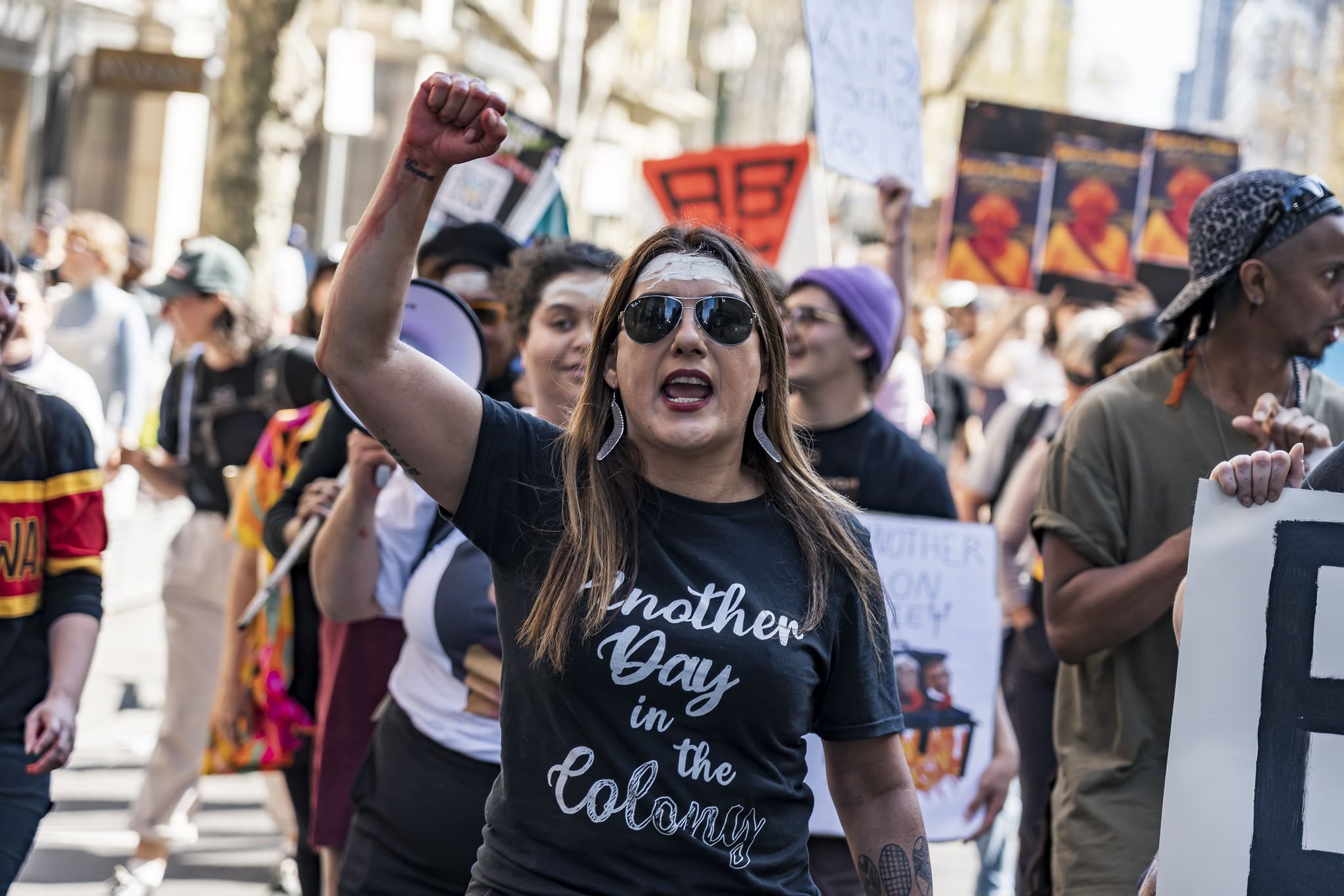 Senator Lidia Thorpe at a recent rally against the British monarchy.