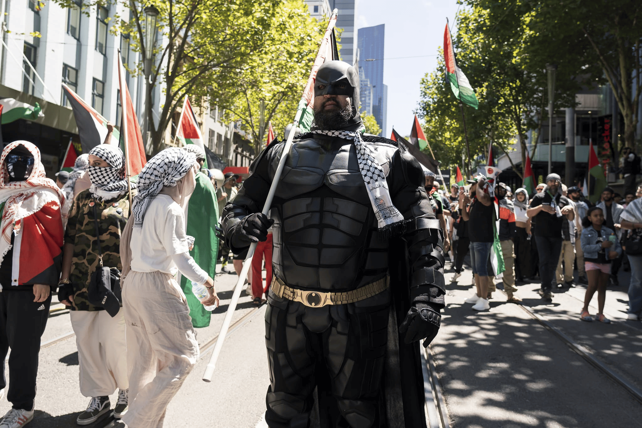 Batman cosplay at the Palestine rally in Melbourne. Photo: Matt Hrkac