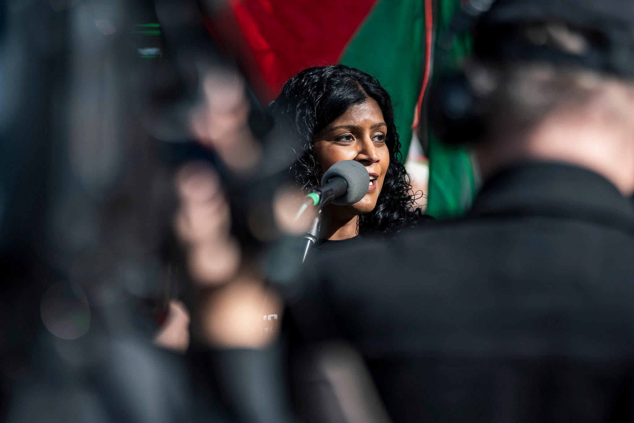 March for Humanity, Melbourne, starts at the State Library of Victoria with speeches. (Pictured: Samantha Ratnam of the Greens)