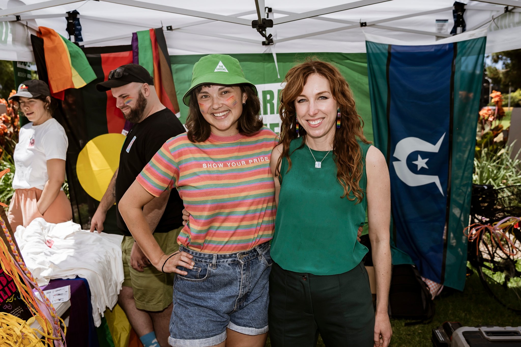 Greens MLC Sarah Mansfield with Greens lower house candidate for the seat of Geelong, Emilie Flynn, at Geelong Rainbow Festival
