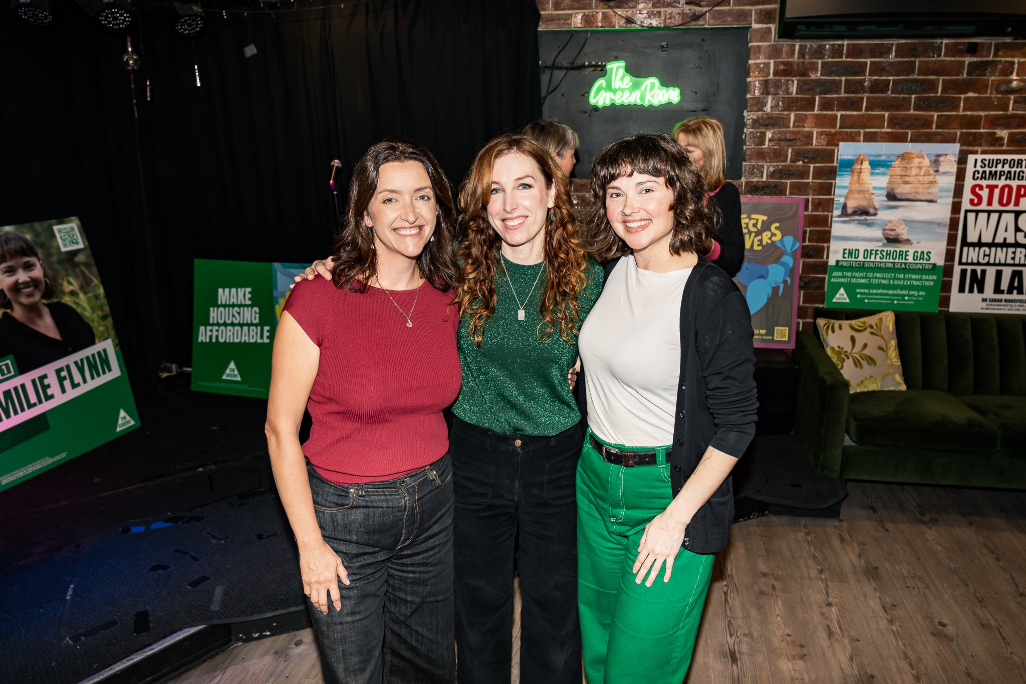 Emilie Flynn, Greens Geelong candidate (right) standing with Dr Sarah Mansfield (middle) and Senator Steph Hodgins-May (left)