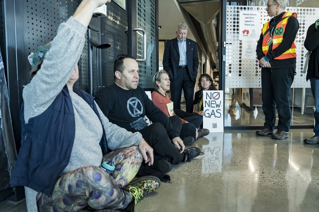 Extinction Rebellion activists occupy the foyer of the South Australian Drill Core Reference Centre. Photo: Matt Hrkac