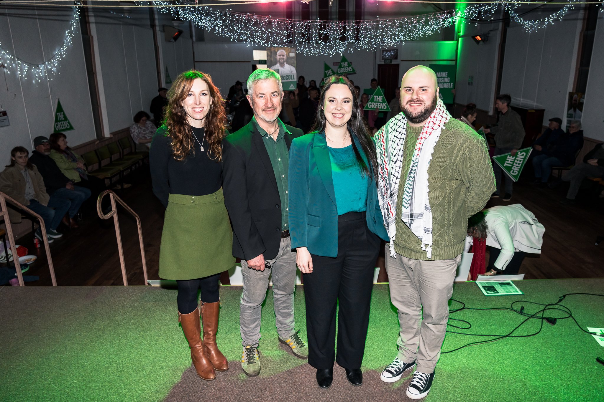 From left to right: Greens MLC for Western Victoria, Sarah Mansfield; Greens candidate for Ripon, Tim Drylie; Greens candidate for Wendouree, Ellen Burns; Greens candidate for Eureka, Sam McColl.