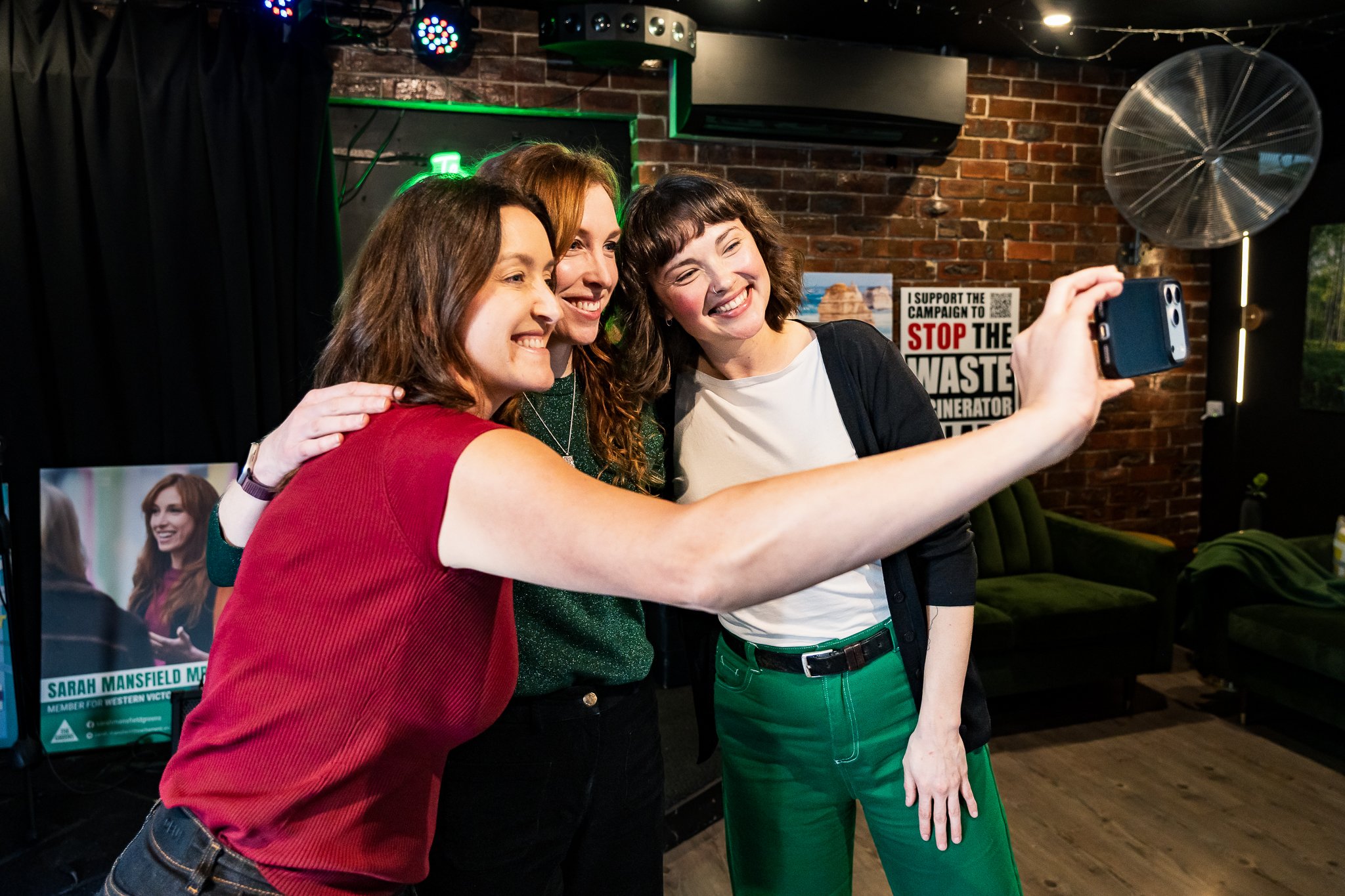 Emilie Flynn, Greens Geelomg candidate (right) standing with Dr Sarah Mansfield (middle) and Senator Steph Hodgins-May (left) taking a group selfie.