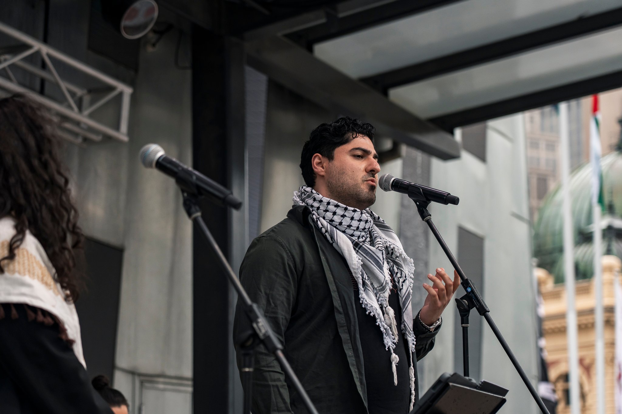 Arab music band Watar Music Ensemble performs on stage.