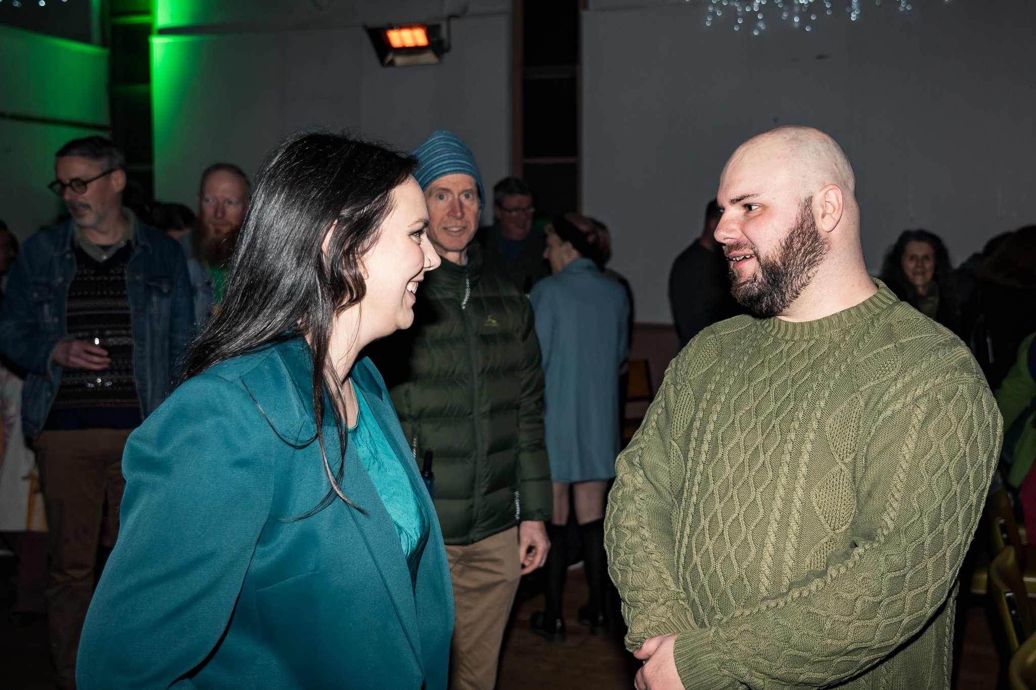 Greens candidate for Wendouree, Ellen Burns, talking to Greens candidate for Eureka, Sam McColl