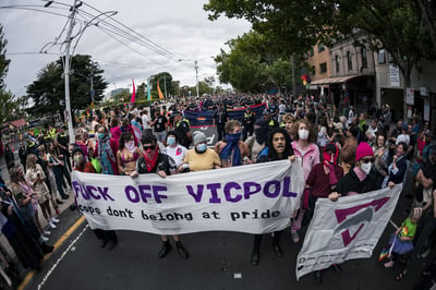Protesters target and disrupt Victoria Police participation in the Midsumma Pride March. Photo: Matt Hrkac