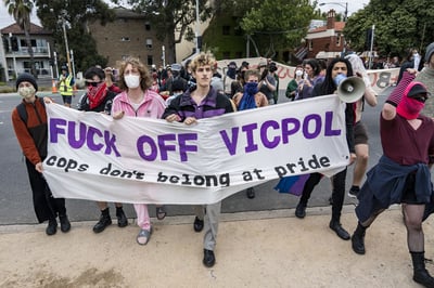 Protesters target and disrupt Victoria Police participation in the Midsumma Pride March. Photo: Matt Hrkac