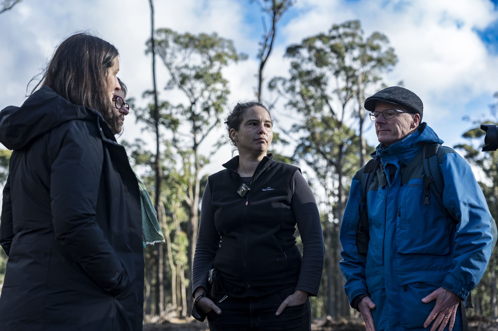 Wombat Action Group's  Amy Calton (centre) speaking to Greens MPs Ellen Sandell , Janet Rice and Tim Read. Photo: Matt Hrkac