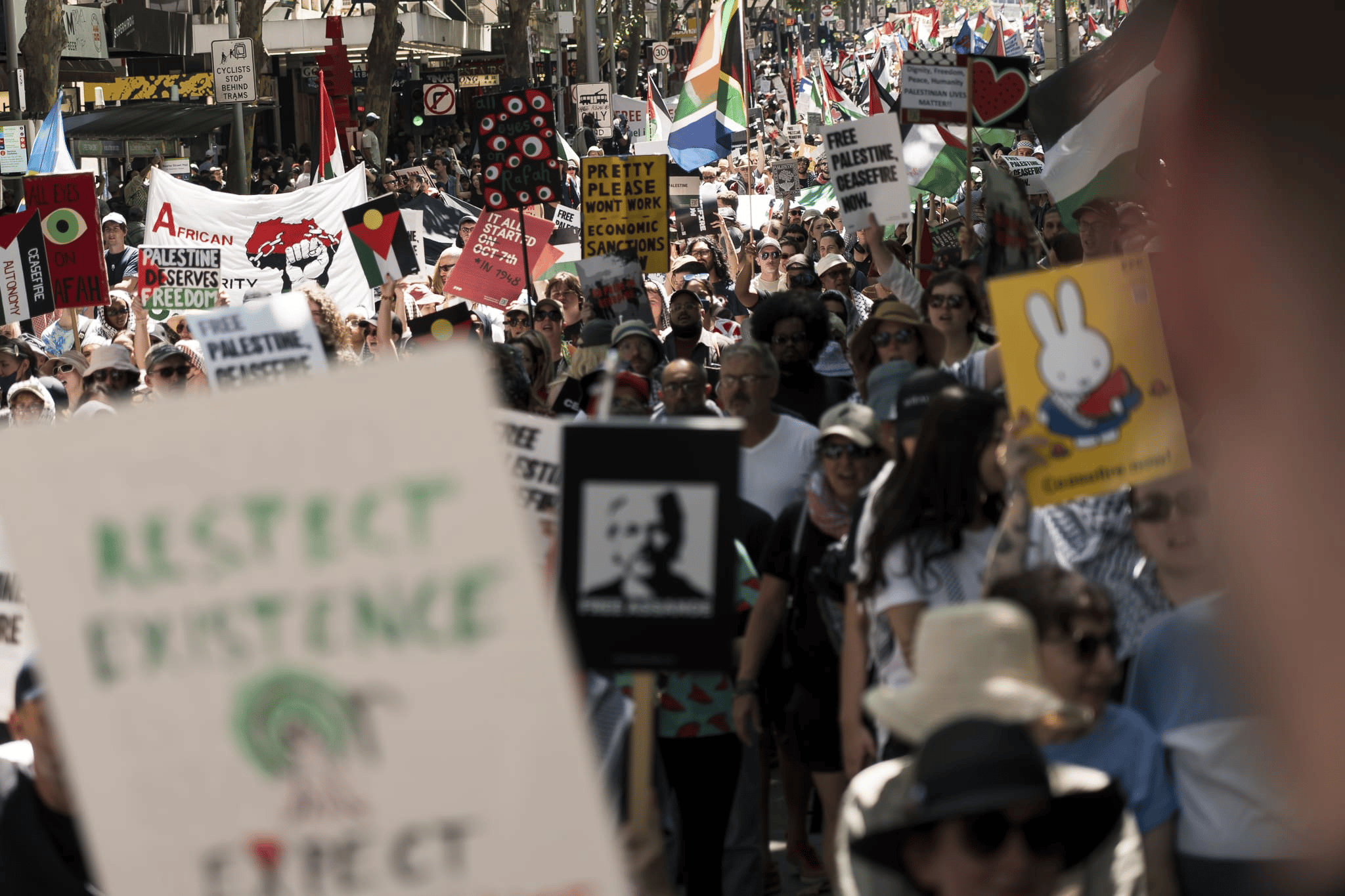 The rally as it moves down Swanston St. Photo: Matt Hrkac