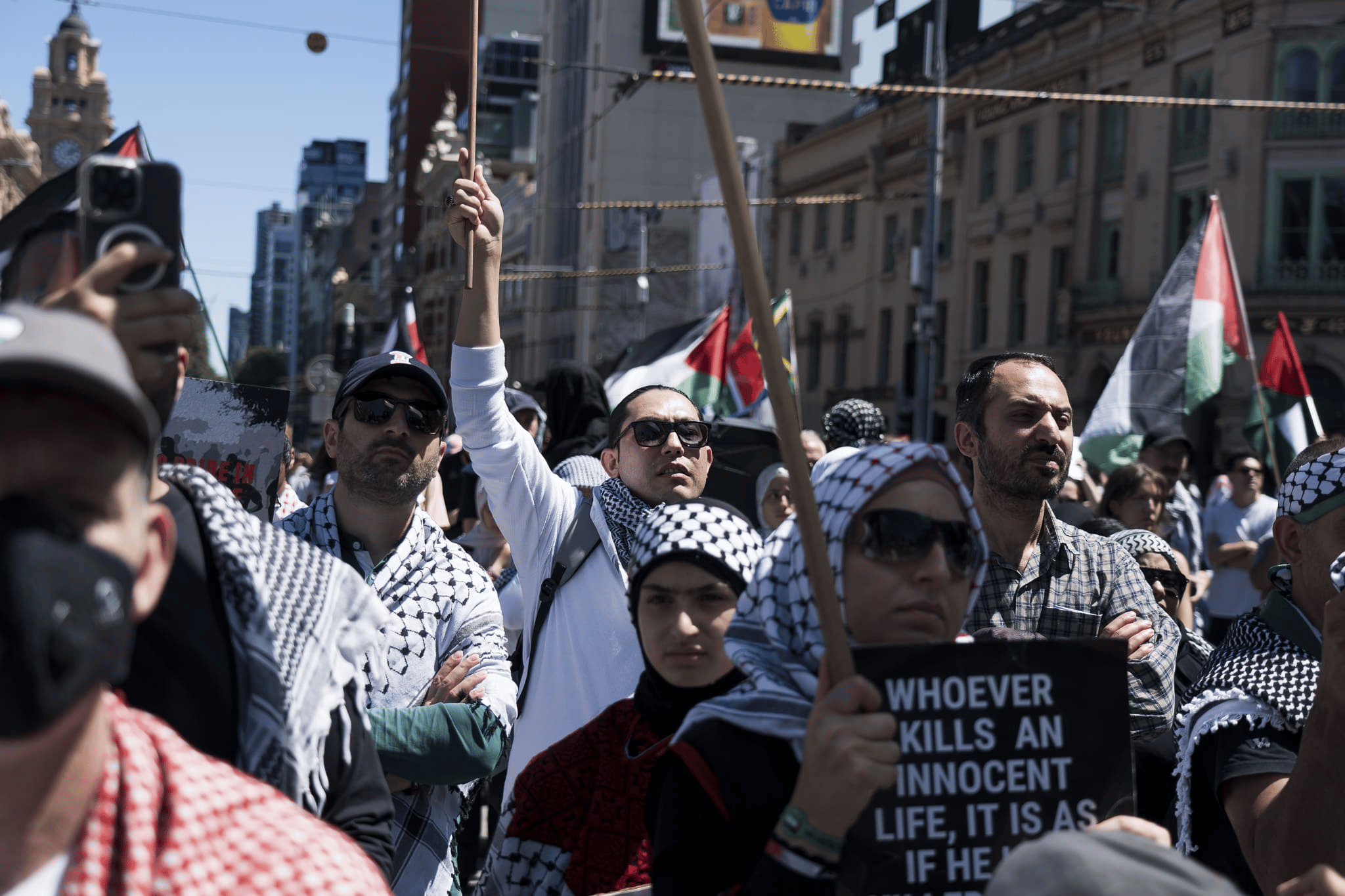 The rally on the Flinders Street Station intersection. Photo: Matt Hrkac