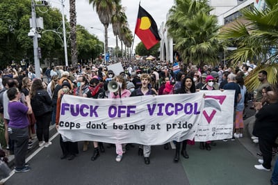 Protesters target and disrupt Victoria Police participation in the Midsumma Pride March. Photo: Matt Hrkac