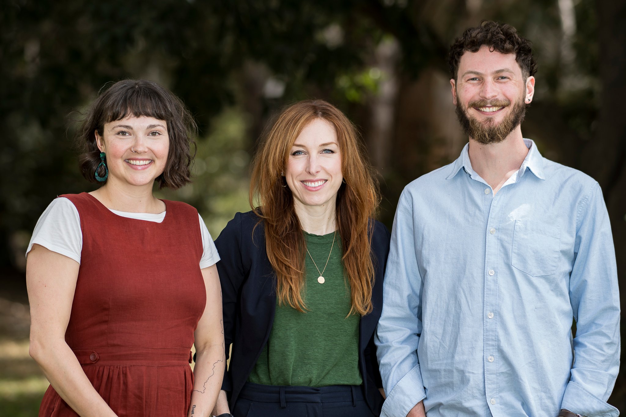 Greens candidates Emilie Flynn (Geelong) and Jesse Holden (Polwarth) standing with MLC Sarah Mansfield
