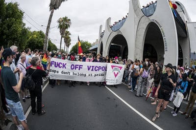 Protesters target and disrupt Victoria Police participation in the Midsumma Pride March. Photo: Matt Hrkac
