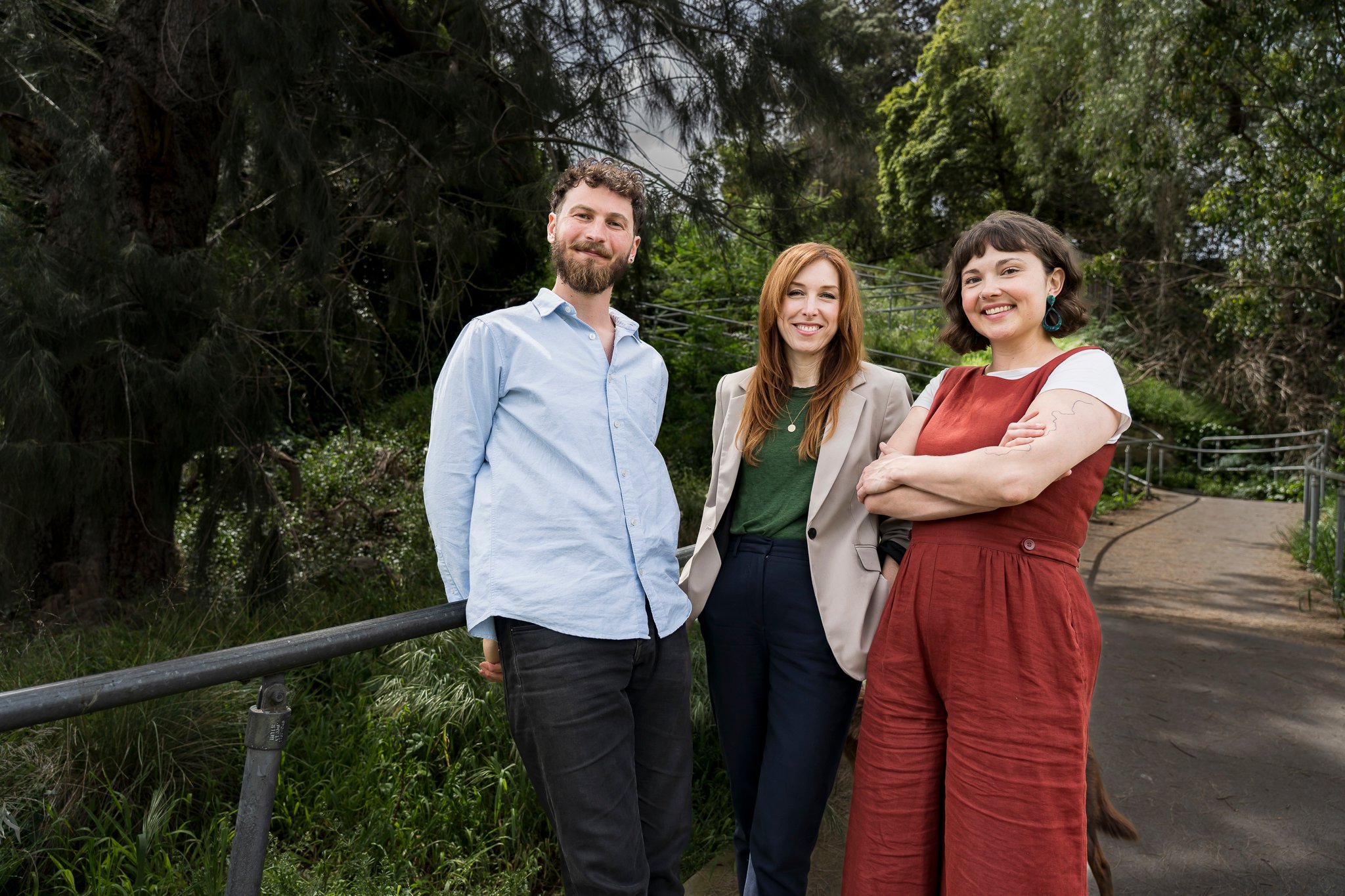 Greens candidates Emilie Flynn (Geelong) and Jesse Holden (Polwarth) standing with MLC Sarah Mansfield