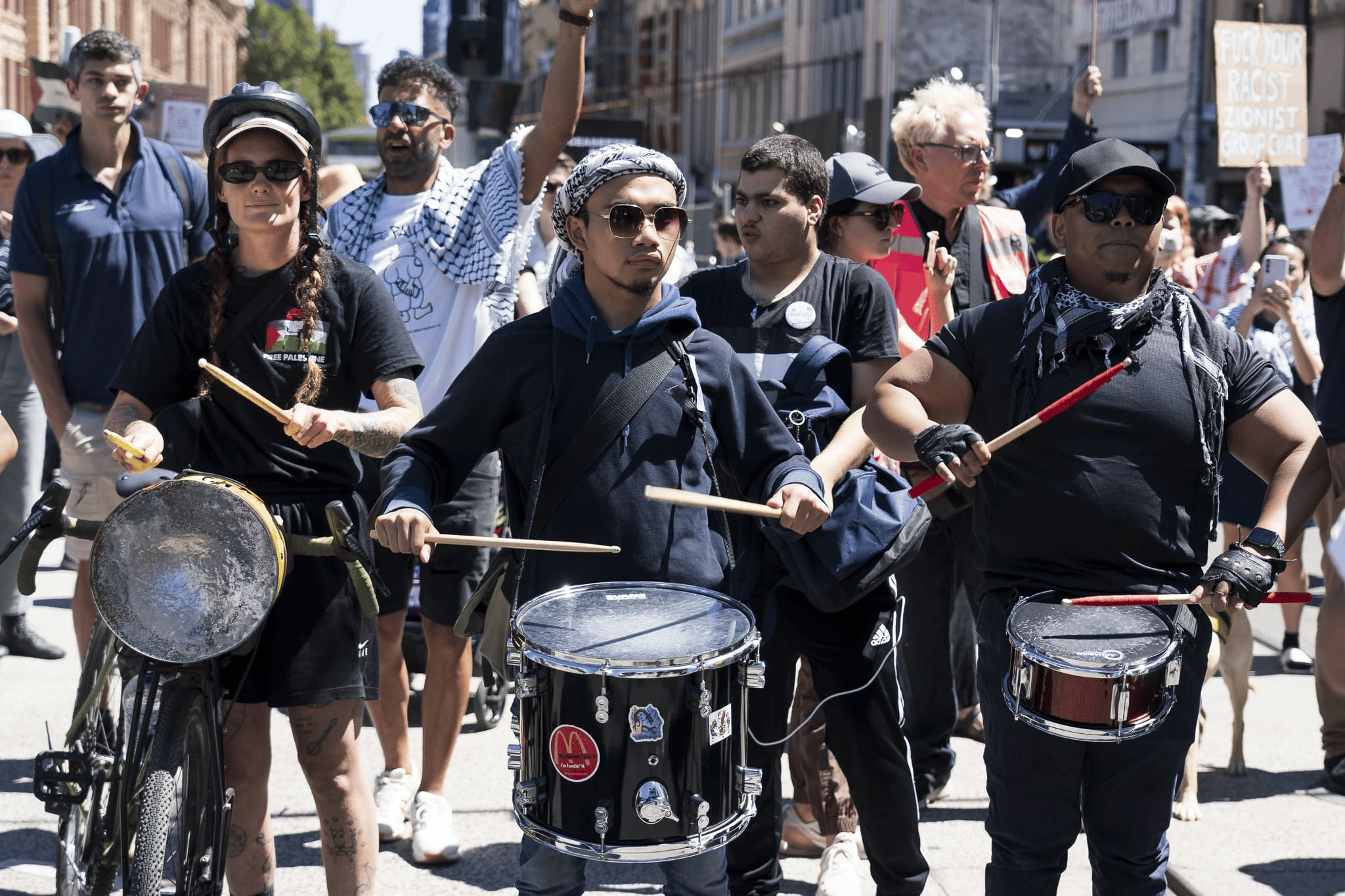 Drummers leading chants at the Palestine rally in Melbourne. Photo: Matt Hrkac