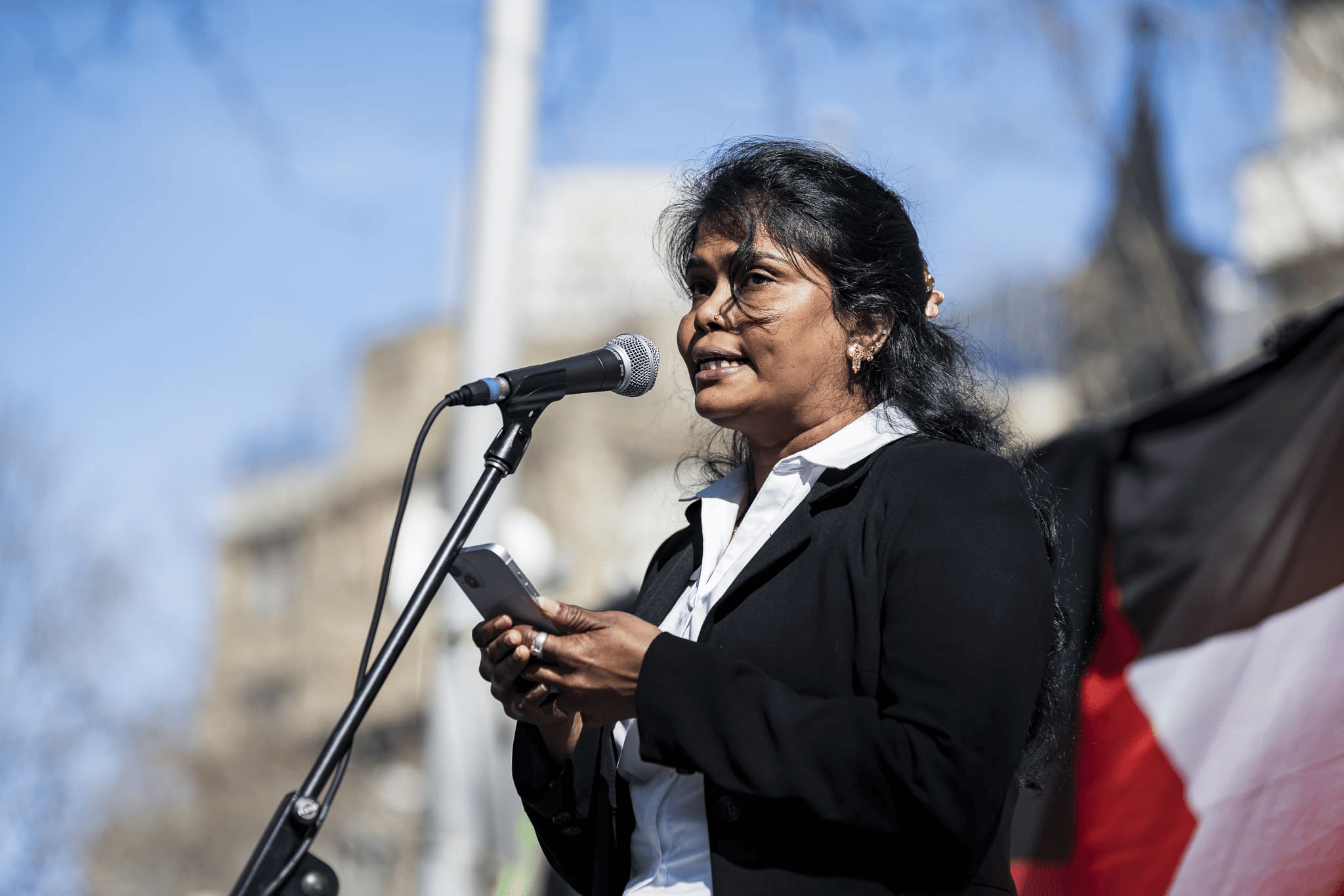 A Tamil refugee addressing a pro Palestine rally. Photo: Matt Hrkac