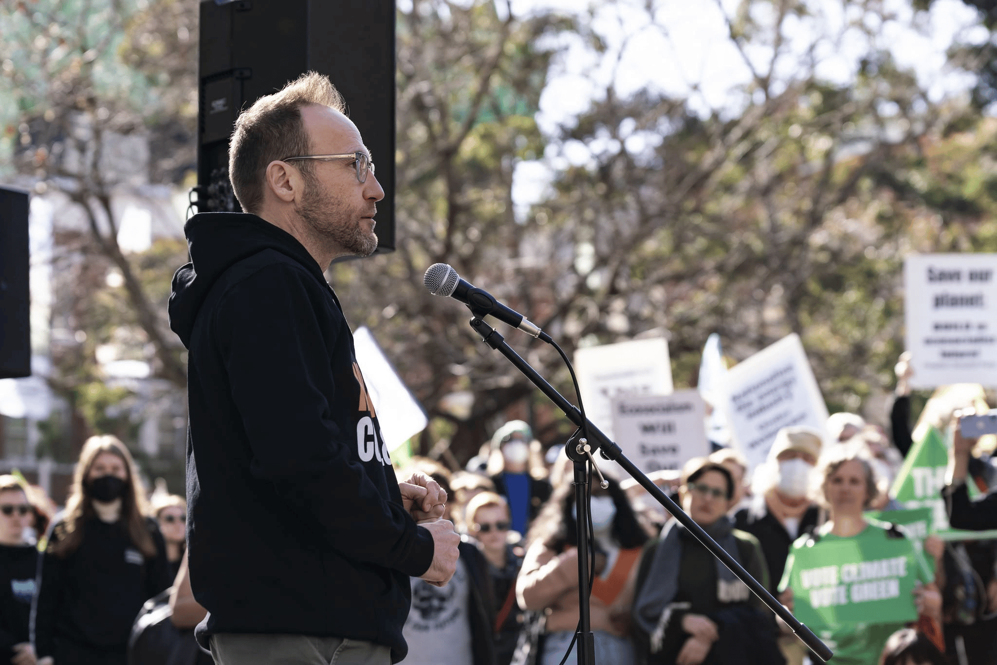 Adam Bandt, leader of the Australian Greens, speaking at a rally. Photo: Matt Hrkac