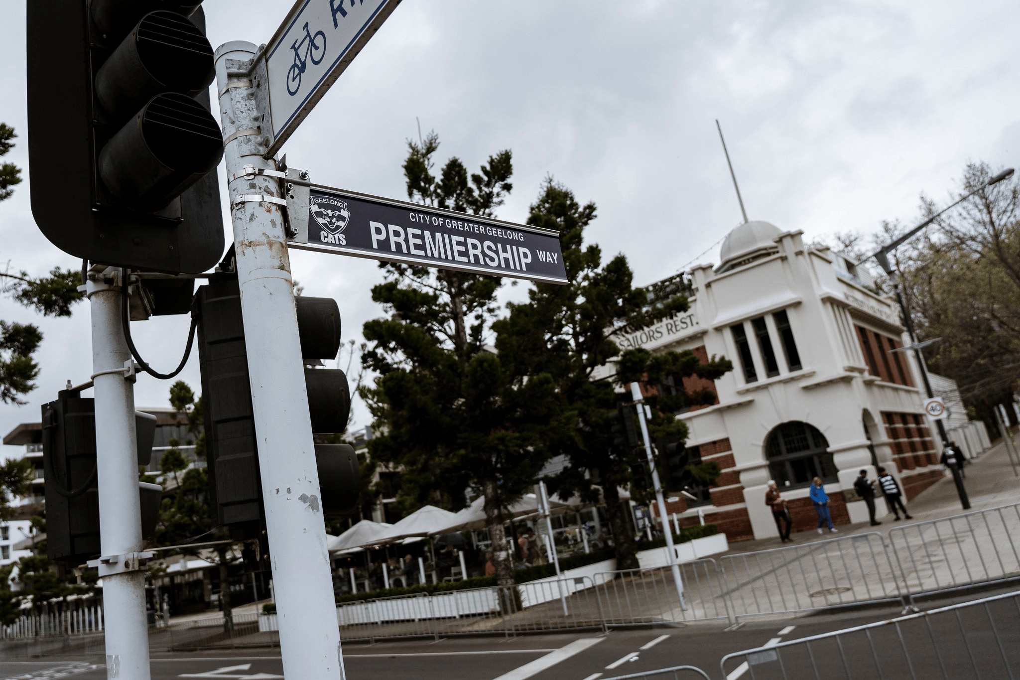 Detail: the City temporarily changed street name signs to Premiership Way.