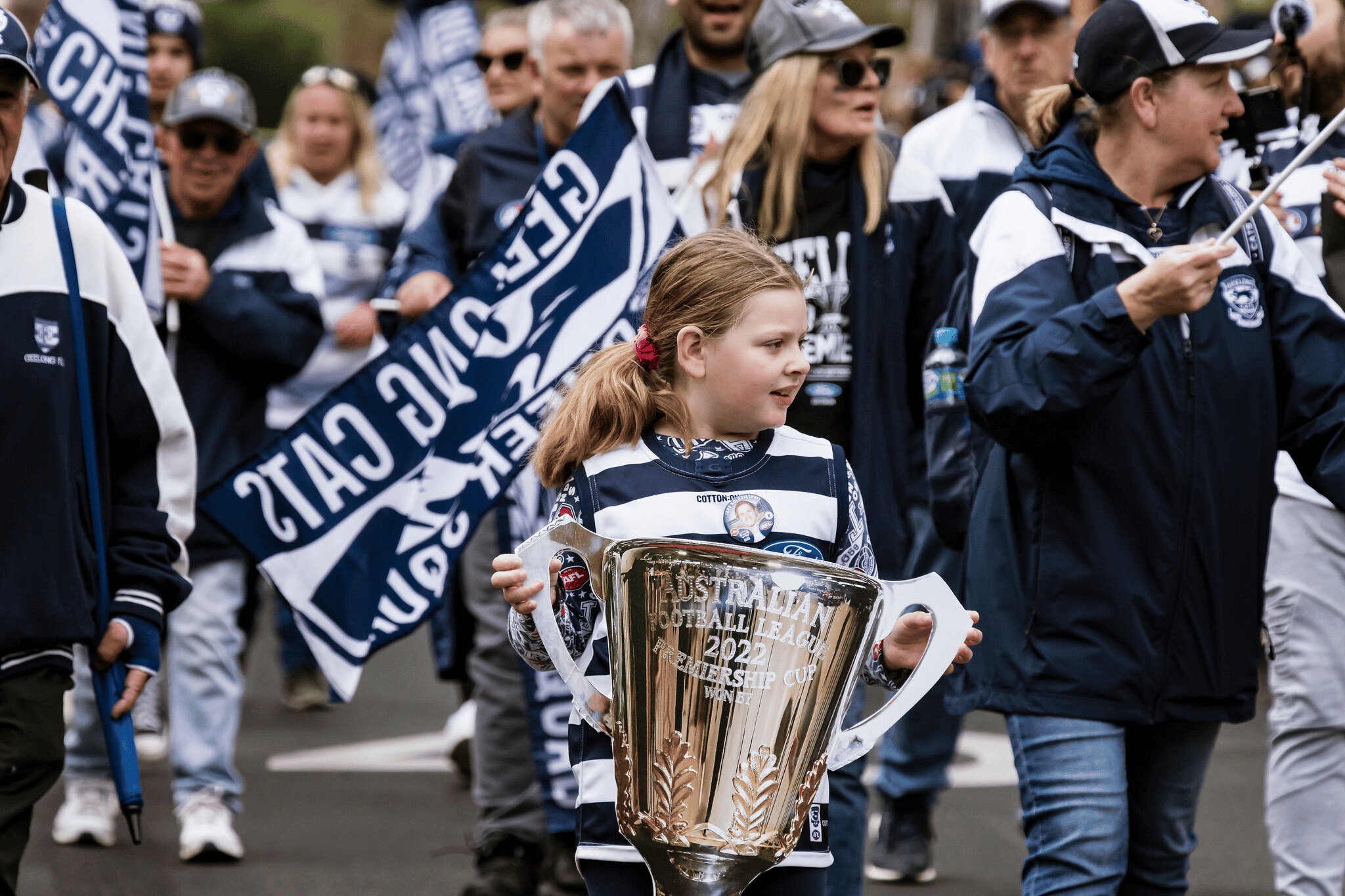 Thousands of fans line the streets for the 2022 Geelong Cats Premiership Parade.