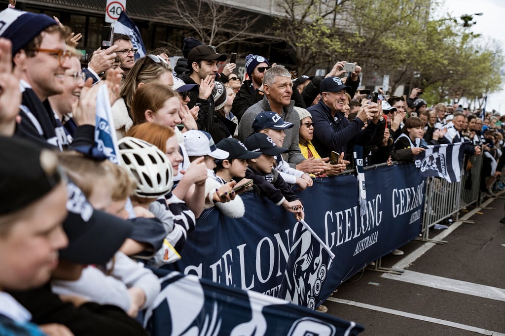 Thousands of fans line the streets for the 2022 Geelong Cats Premiership Parade. Thousands of fans line the streets for the 2022 Geelong Cats Premiership Parade.