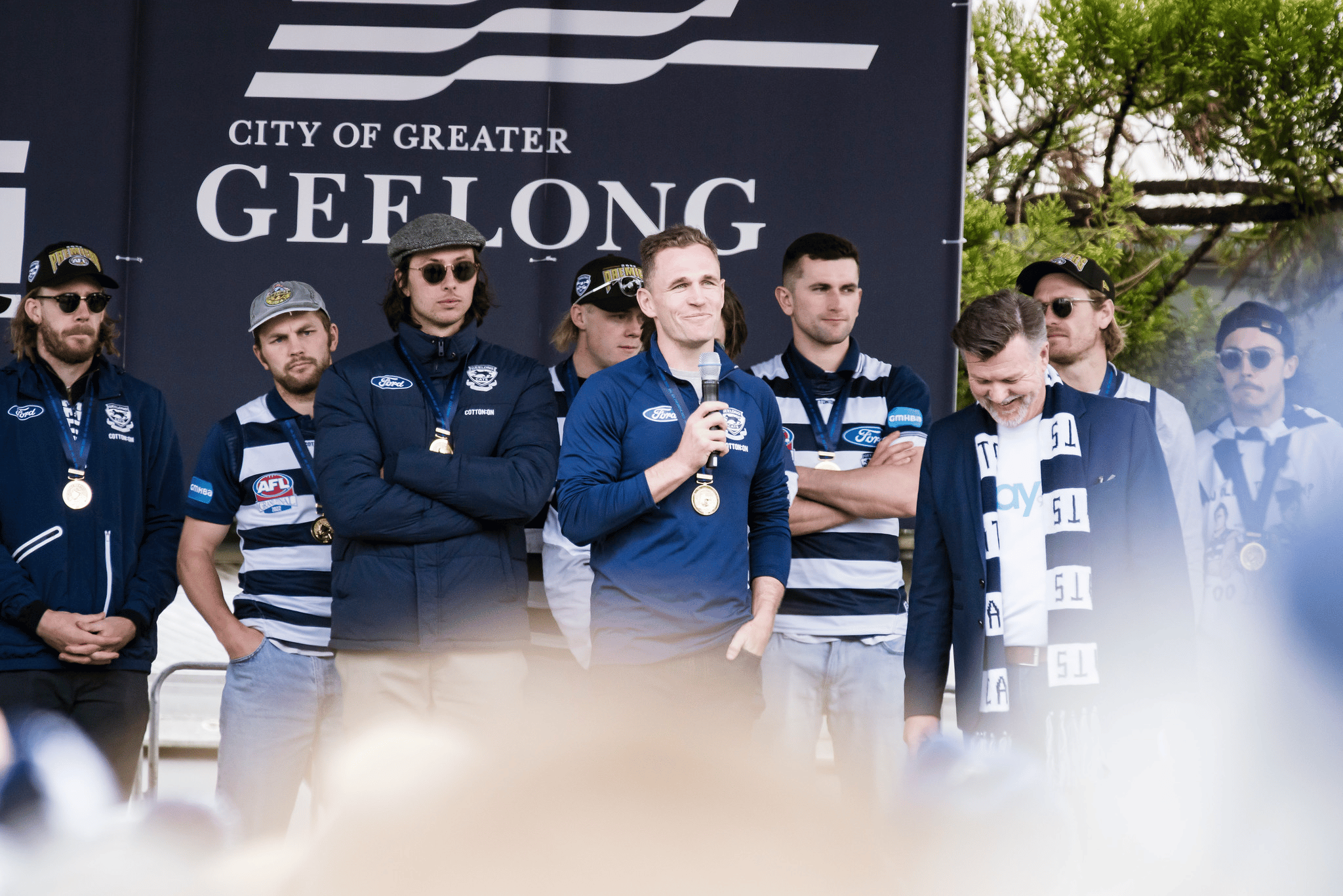 Joel Selwood addresses the crowd.