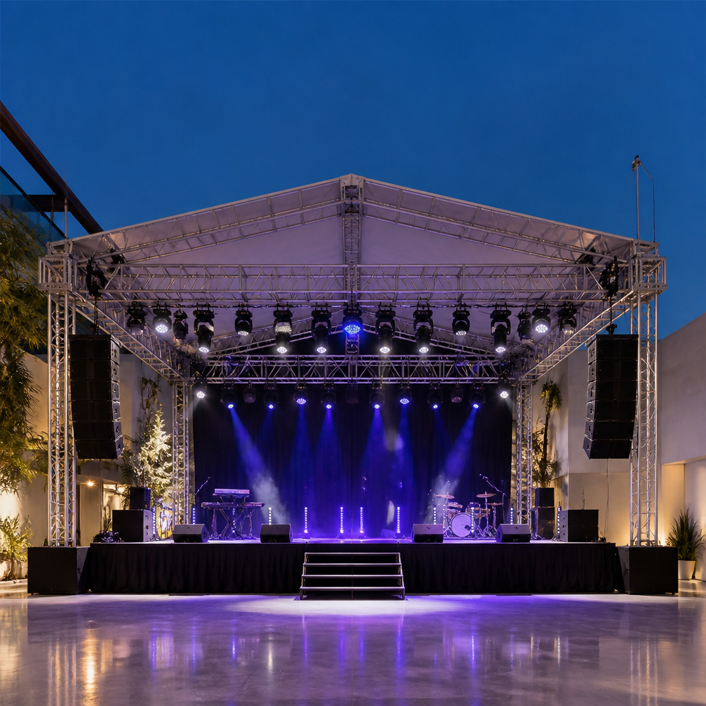 Monte um palco profissional, seguro e funcional para eventos corporativos e sociais. Uma estrutura impecável para valorizar cada apresentação.
