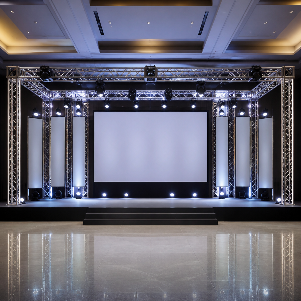 Monte uma estrutura segura e profissional para iluminação, painéis, sinalização e equipamentos do seu evento. Mais organização, presença visual e liberdade para criar o ambiente ideal.