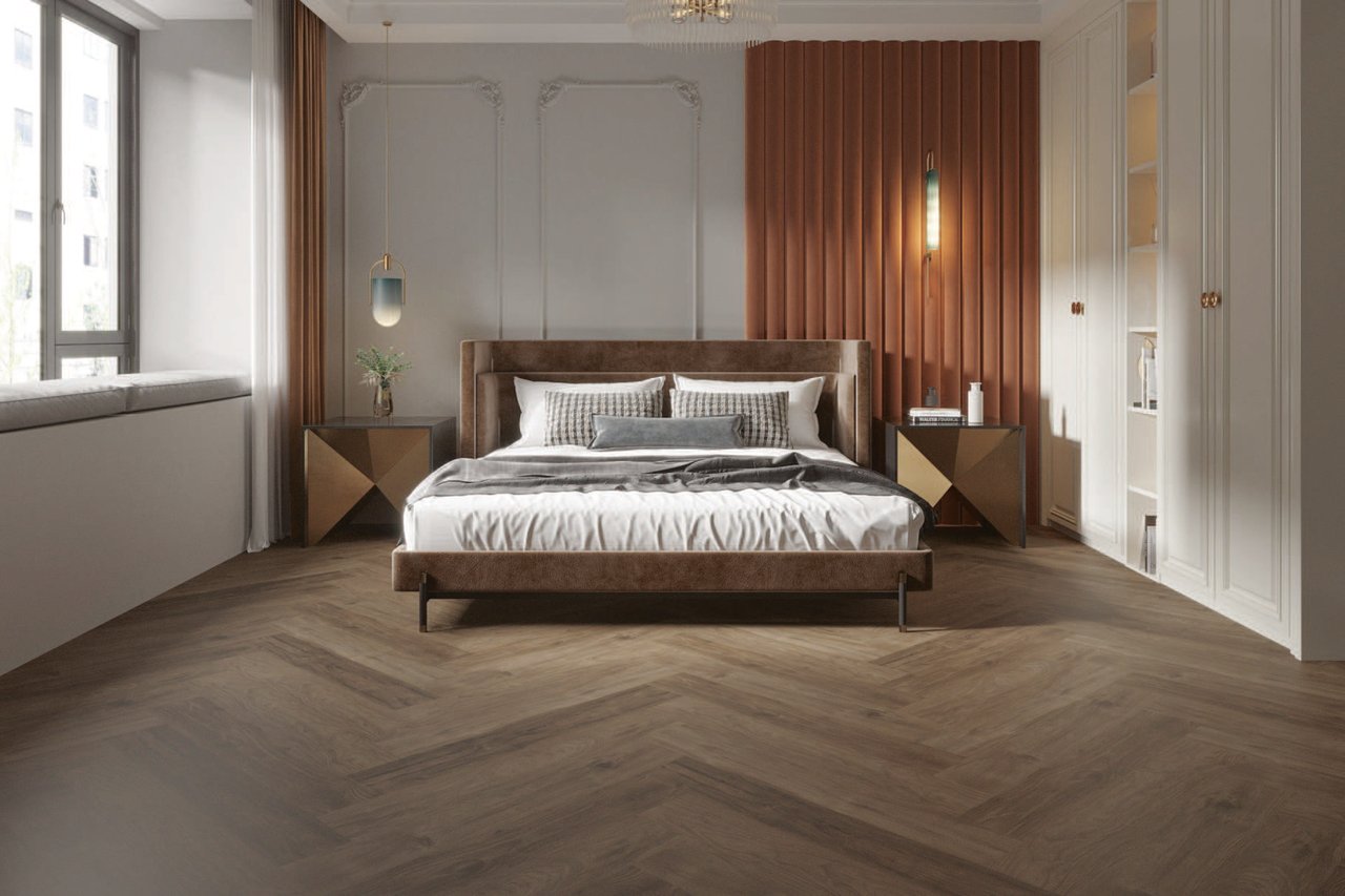 Installed herringbone flooring developed as part of a private-label collection