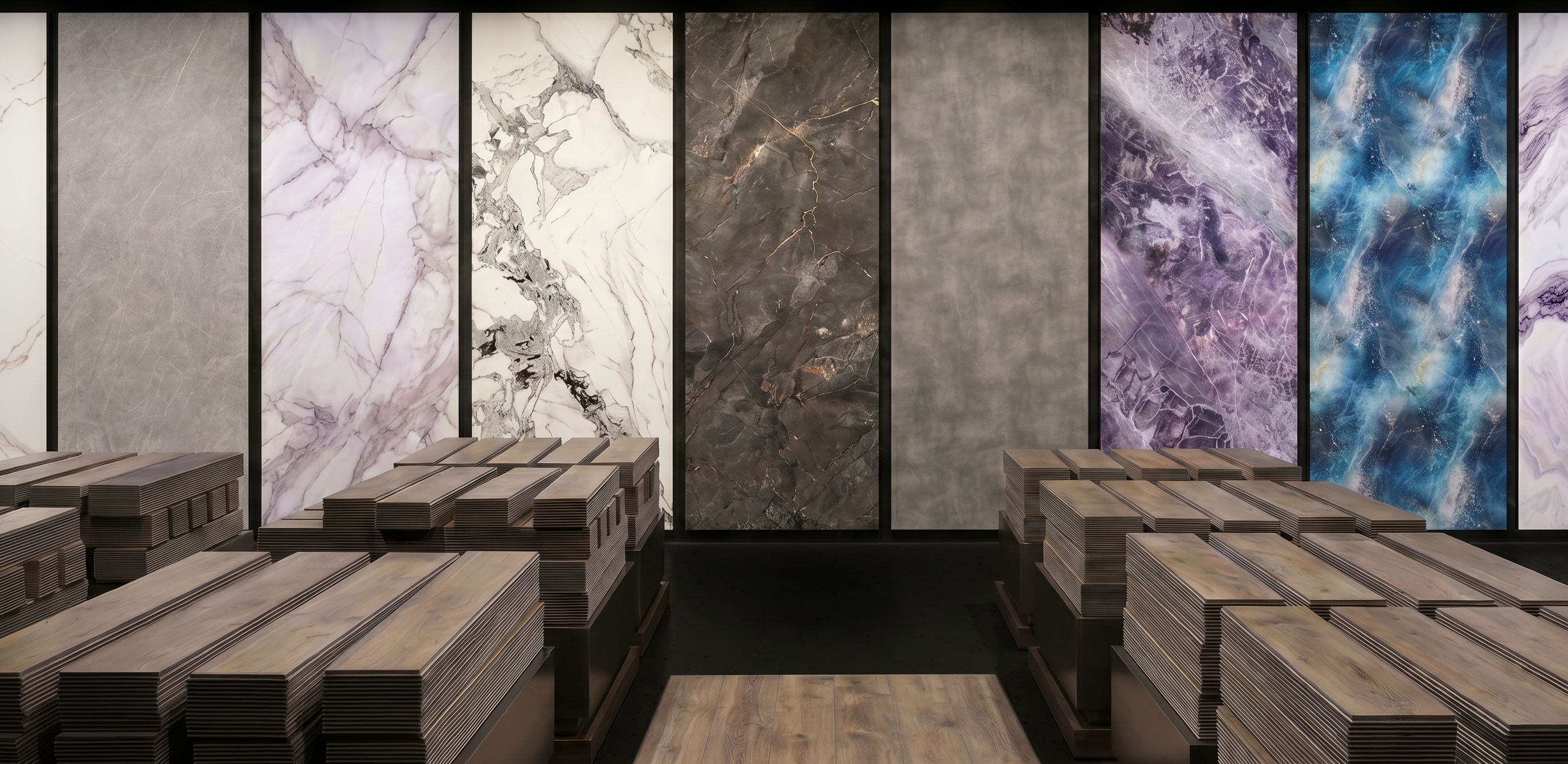 Flooring and wall-panel display with stacked planks and illuminated stone-look panels