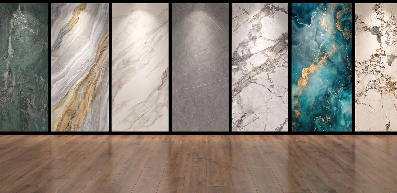 Flooring display beneath illuminated stone-look wall panels
