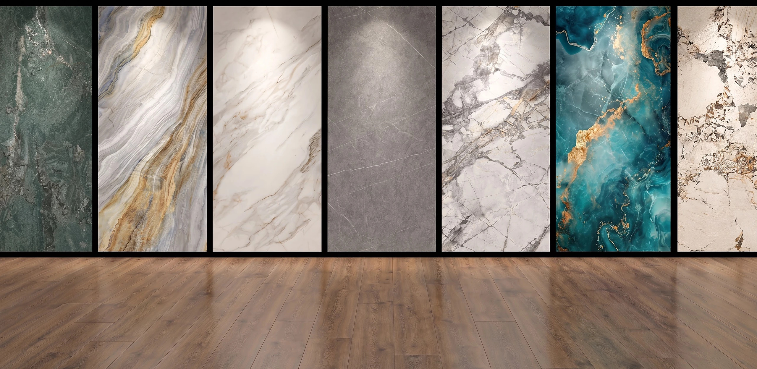 Flooring and wall-panel display with stacked planks and illuminated stone-look panels
