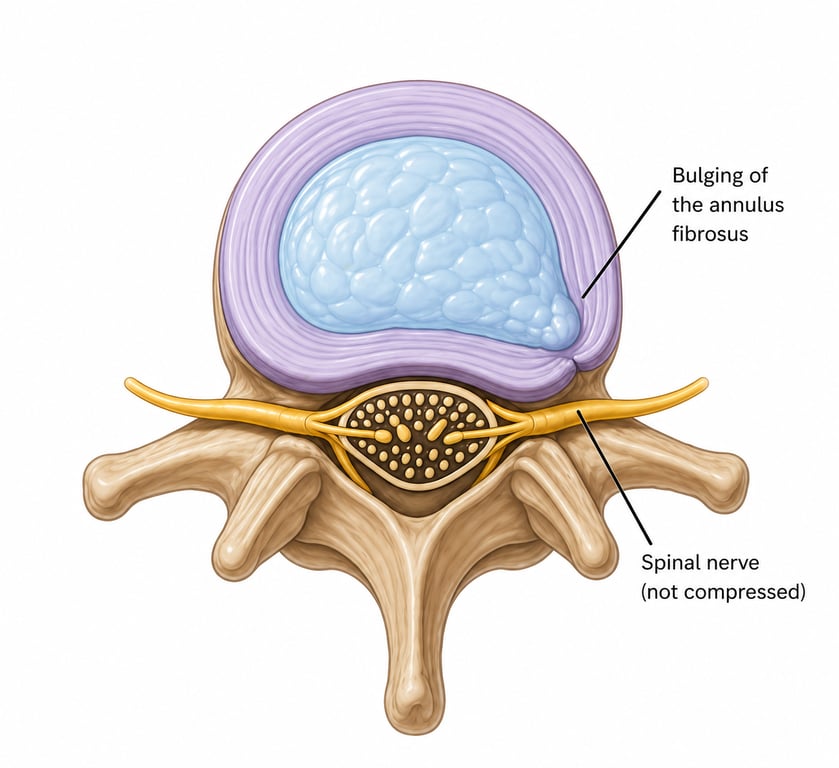 Anatomy diagram showing bulging of the annulus fibrosus with spinal nerve not yet compressed
