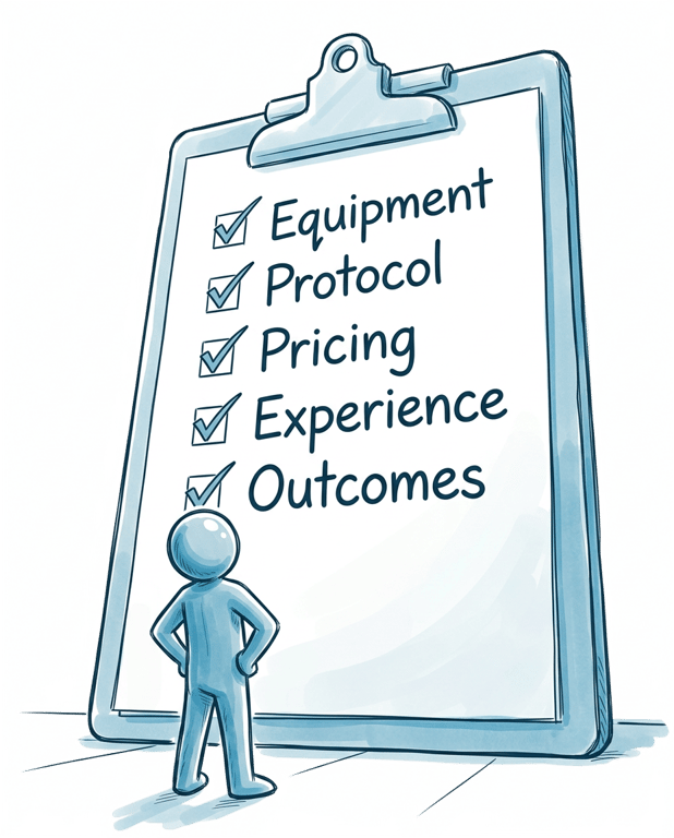 Checklist illustration showing equipment, protocol, pricing, experience, and outcomes verified
