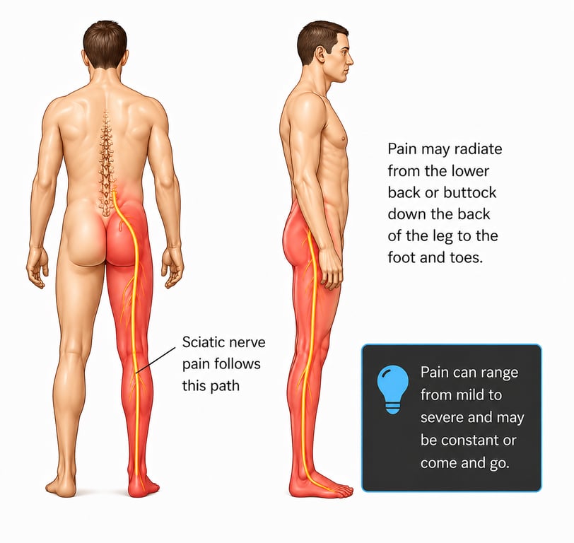 Diagram showing sciatic nerve pain path from lower back through buttock and down the leg