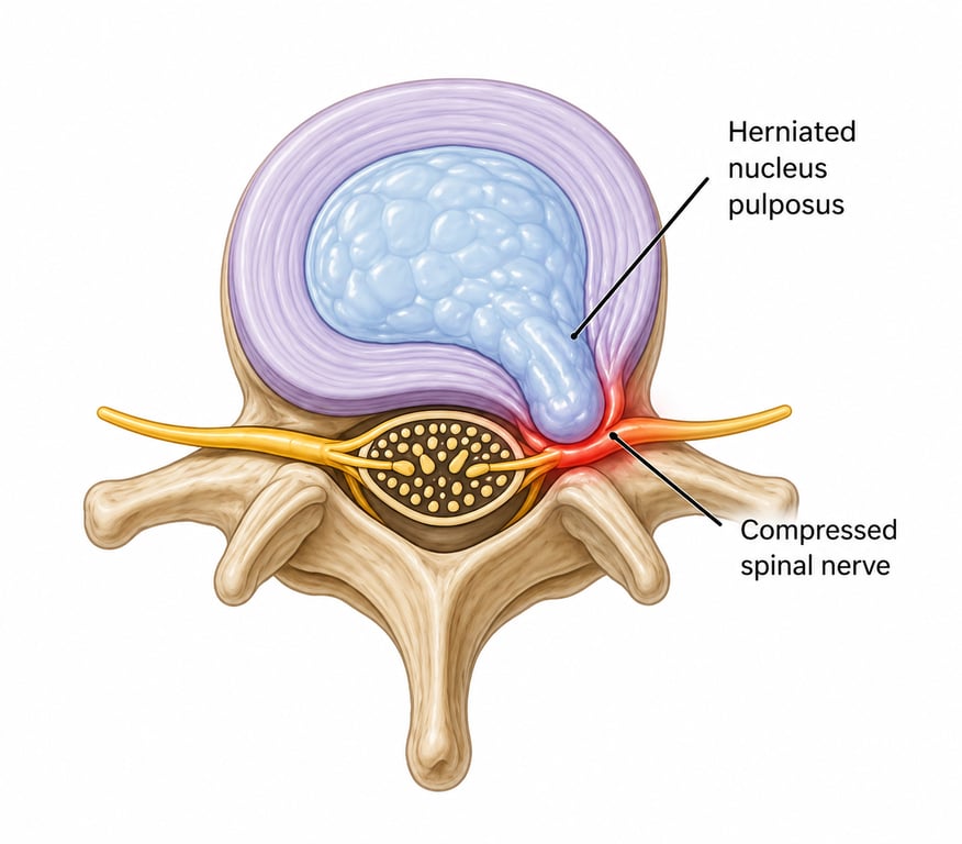 Anatomy diagram showing herniated nucleus pulposus compressing the spinal nerve
