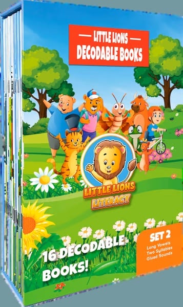Little Lions Decodables, Set 2: Long Vowels, Two Syllable Words, Glue Sounds (Welded Sounds) (16 Books)