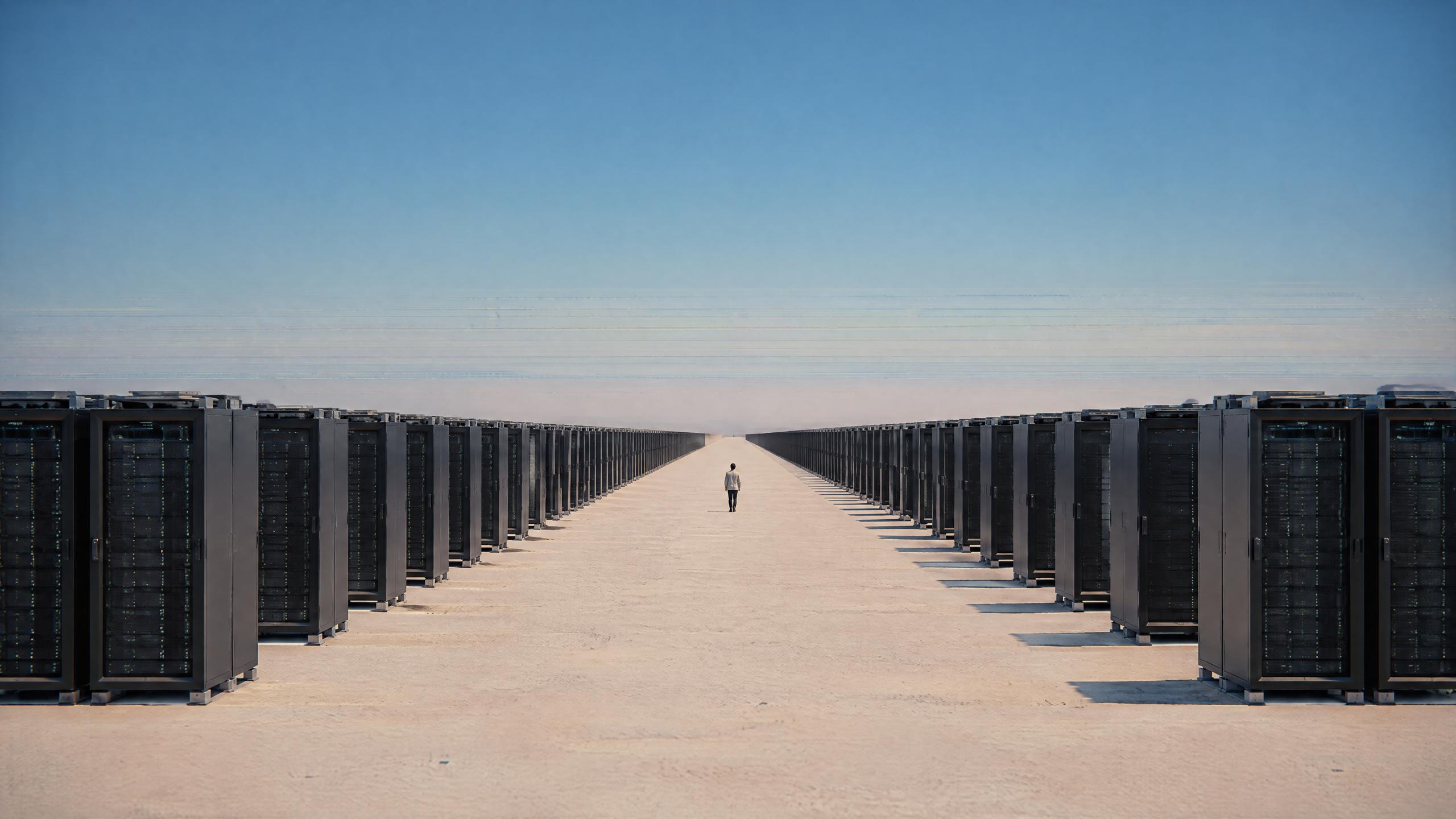 Rows of server racks inside a data center