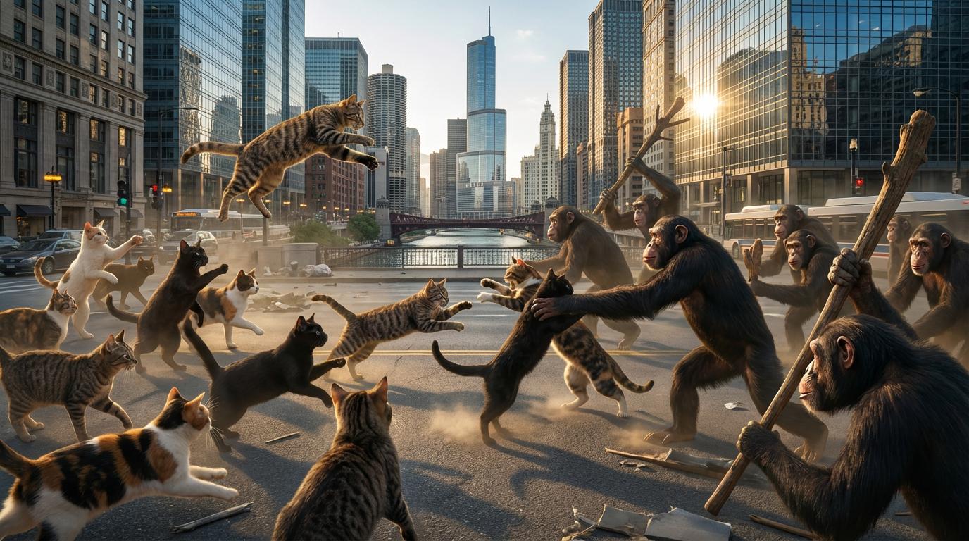 Start frame for Cats and Chimps Clashing in City Street — Grok Video