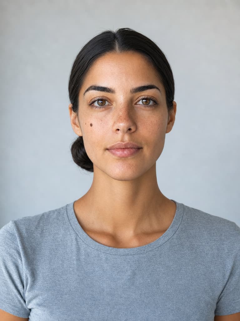 A woman with dark hair pulled back in a low bun, in a gray T-shirt against a plain wall