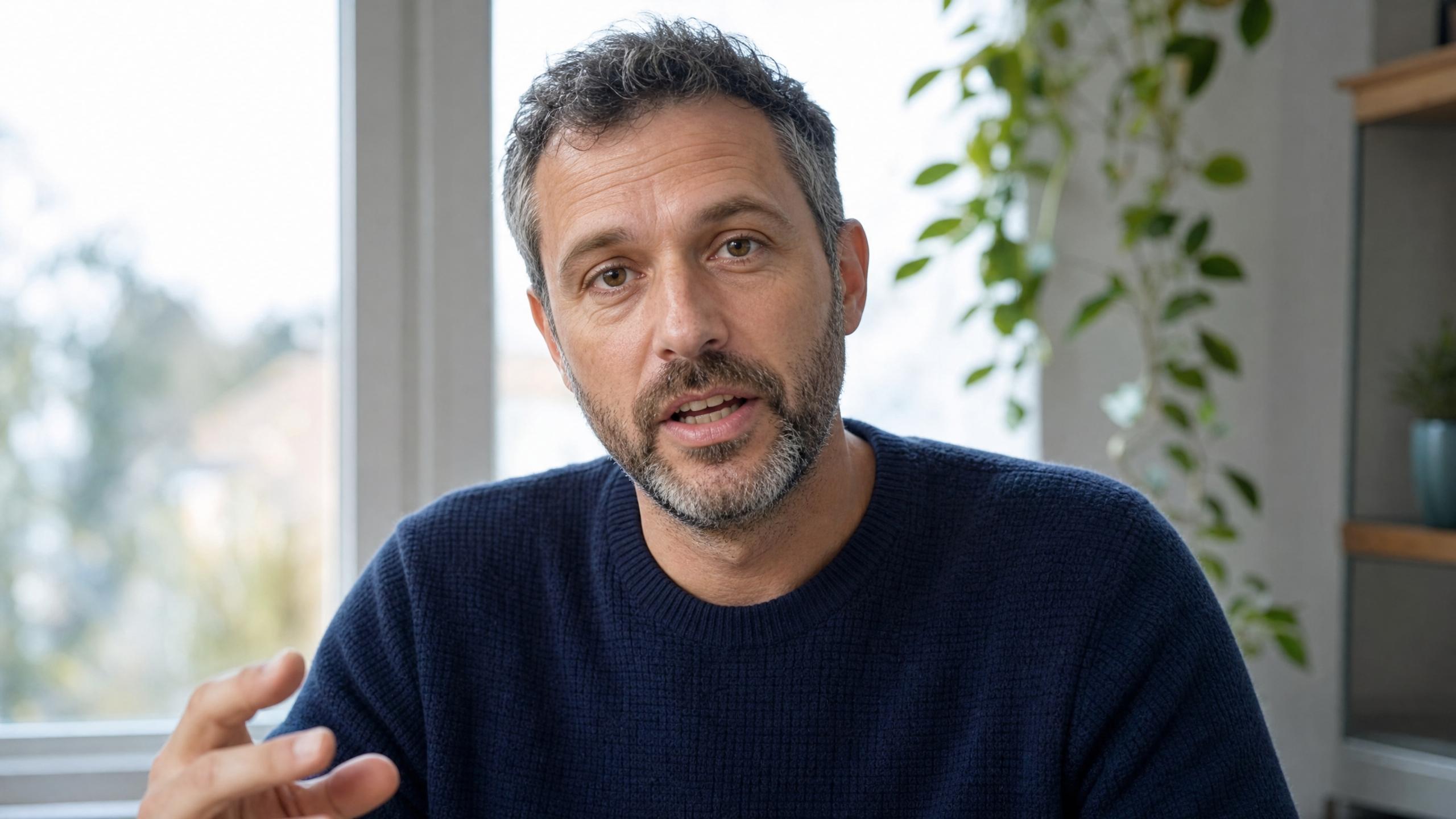 A man in his forties in a navy knit sweater, seated in a bright home office, caught mid-sentence looking into the lens