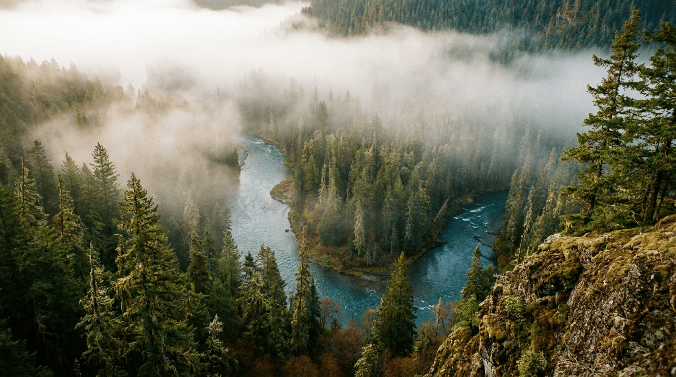 Forested river canyon with mist drifting over evergreen trees and a mossy rock outcrop in the foreground