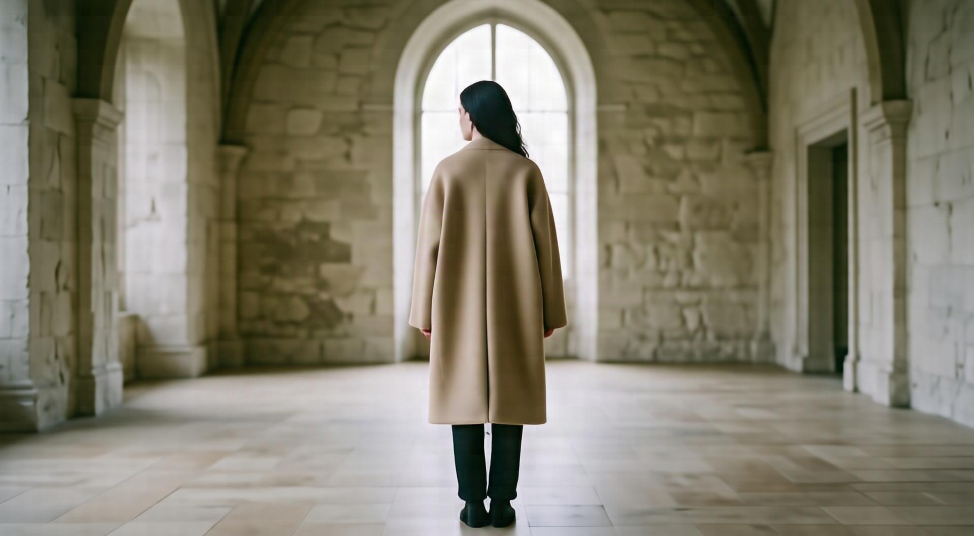 A figure in an oversized sand-colored wool coat stands centered in an empty limestone hall, facing away toward a tall window.