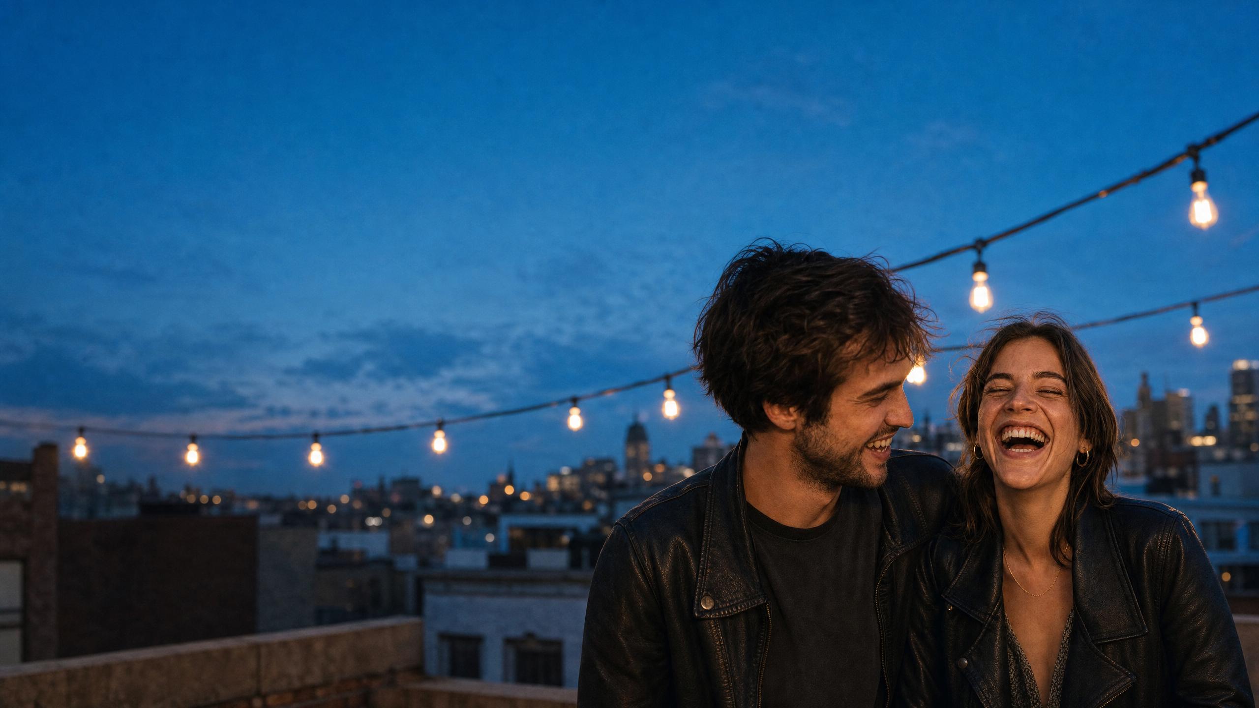 A laughing couple in leather jackets on a rooftop under string lights with a city skyline at dusk