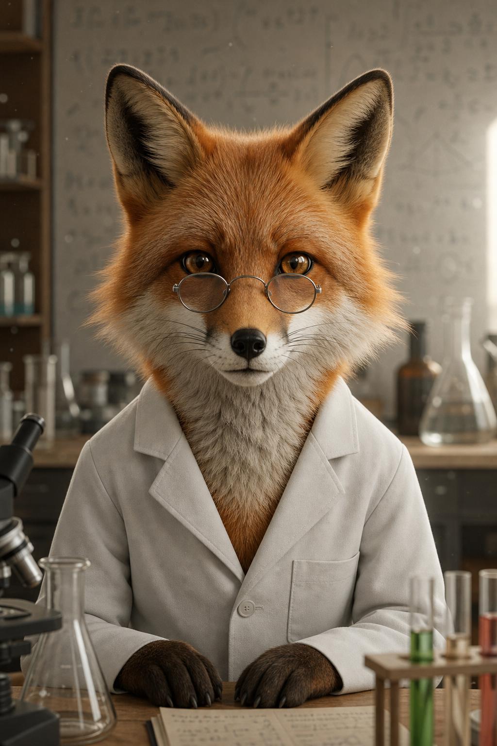 Start frame for Talking Fox Scientist Announcement — Hedra Character 3