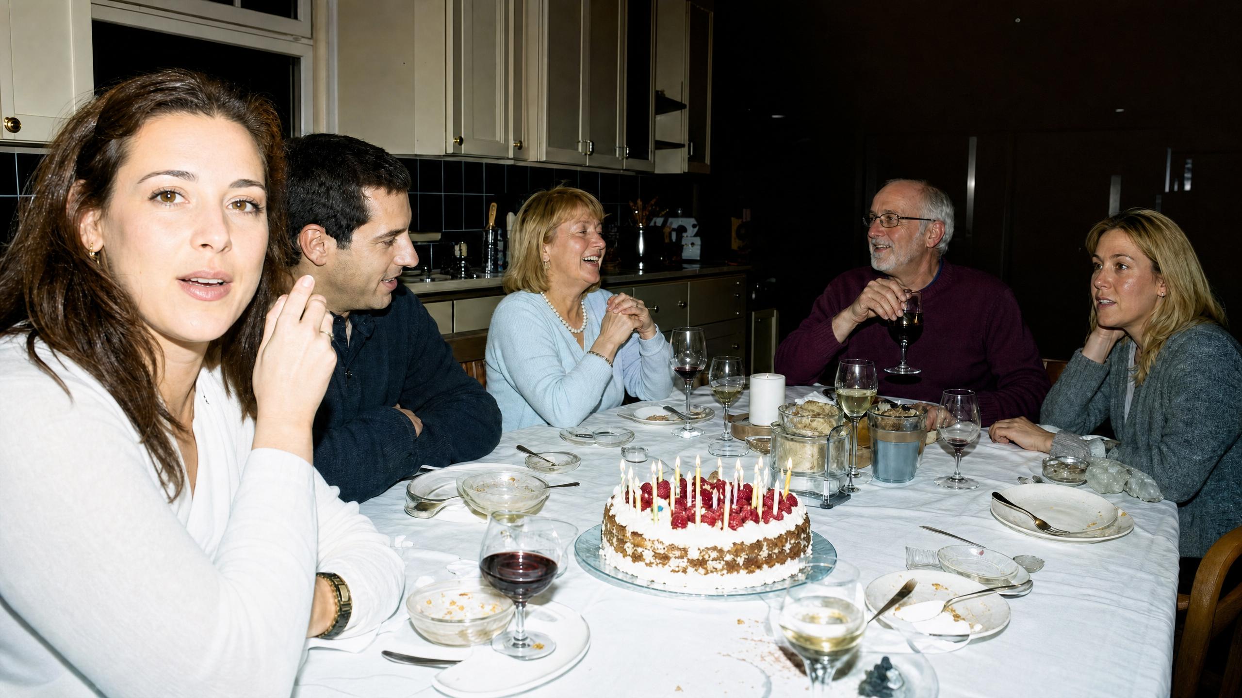 Restored photo in natural tones of a family seated at a dinner table with a lit birthday cake