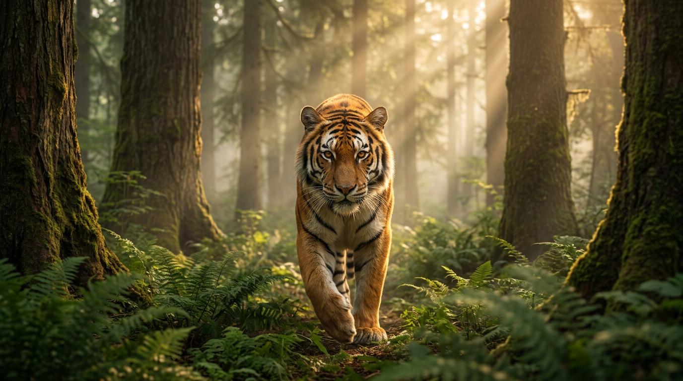 Start frame for Tiger Walking Through Sunlit Forest — Kling O3 Pro