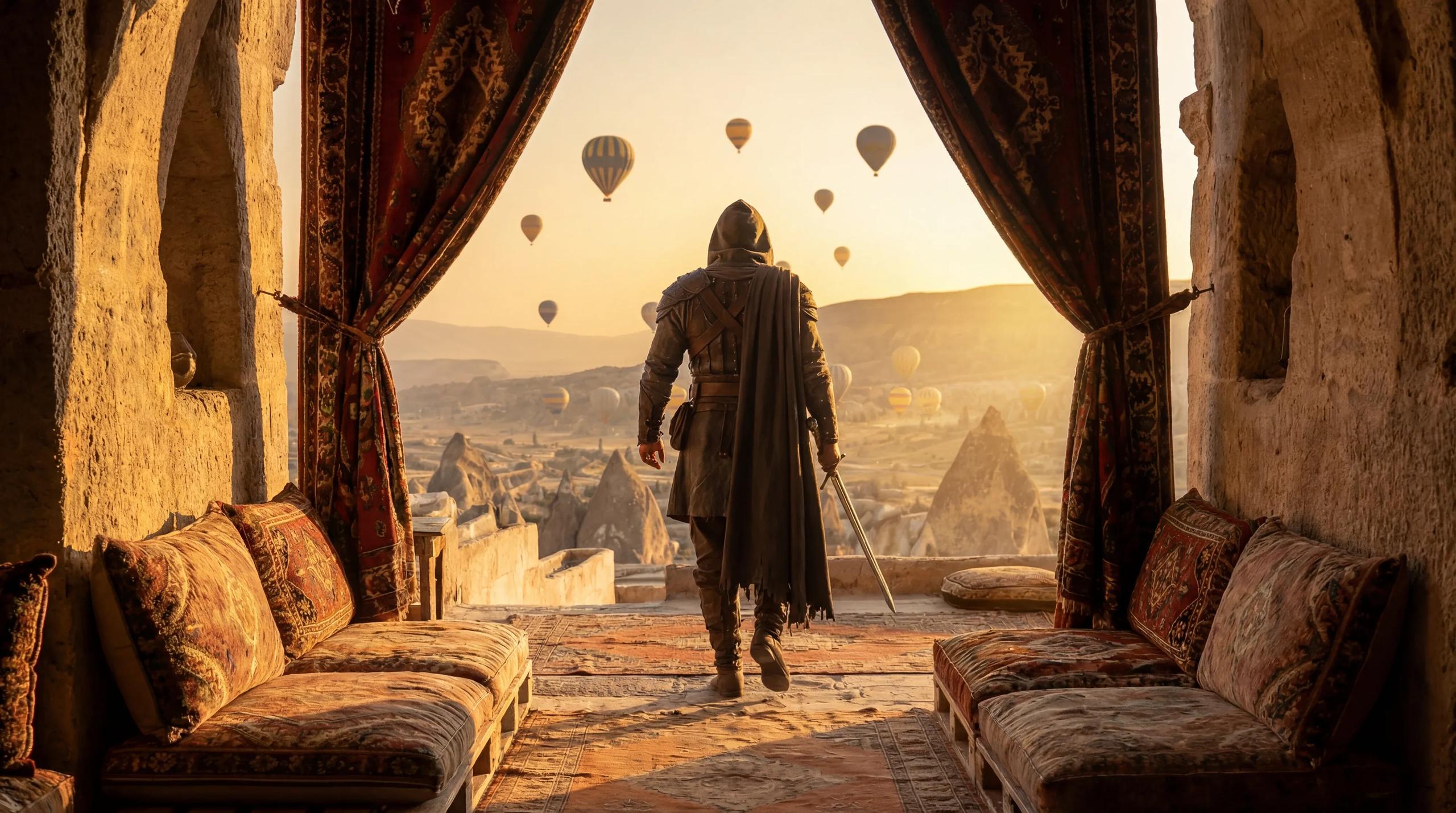 End frame for Warrior Watching Hot Air Balloons — Kling V3 Pro