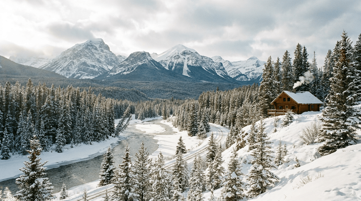 Snow-covered mountain valley with a log cabin on a hillside, evergreen forest, and a partly frozen river